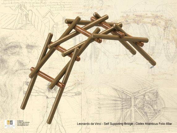 达·芬奇曾建议把这种自承重的编木拱桥作为行军打仗时的架桥技术使用